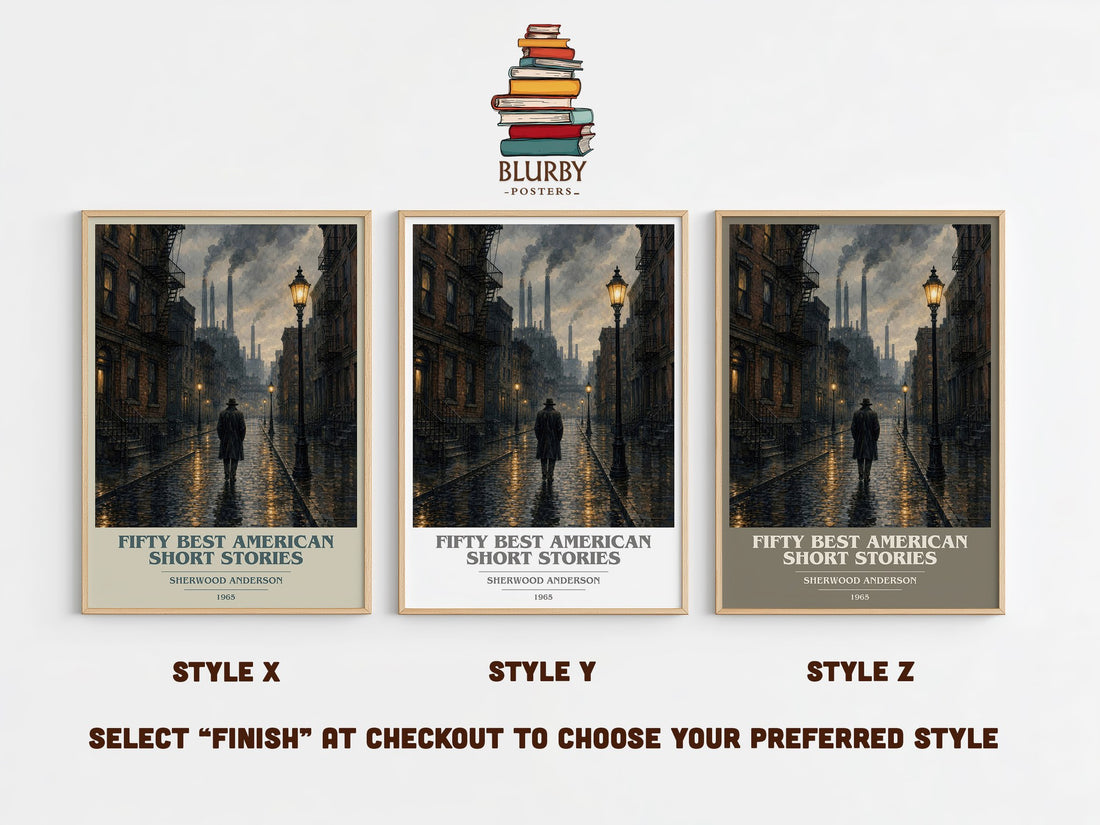 Fifty Best American Short Stories book cover print in frame leaning in hallway – literary fiction wall art (mockup)