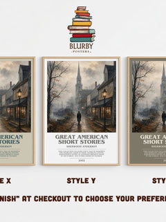 Great American Short Stories bookish print in frame leaning in hallway – literary fiction wall art