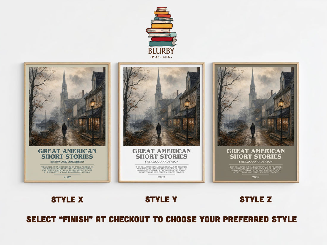 Great American Short Stories bookish print in frame leaning in hallway – literary fiction wall art (mockup)