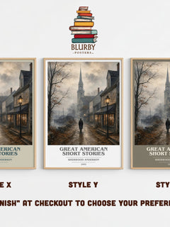 Great American Short Stories book cover print in frame leaning in hallway – literary fiction wall art