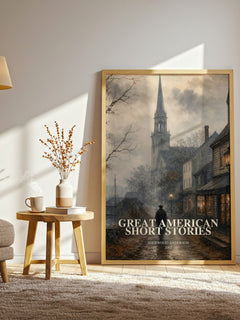 Great American Short Stories watercolour print in frame leaning in hallway – literary fiction wall art