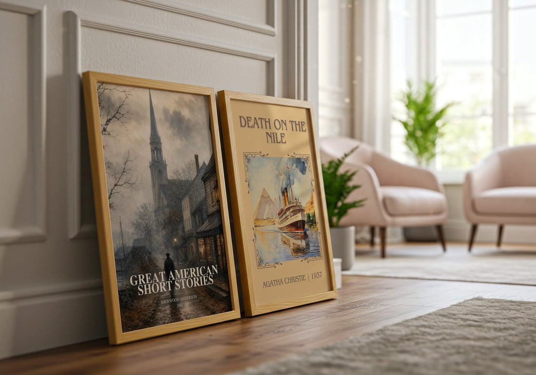 Great American Short Stories watercolour print framed by window – literary home decor