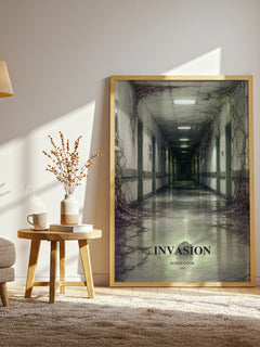 Invasion watercolour print in frame leaning in hallway – sci fi wall art