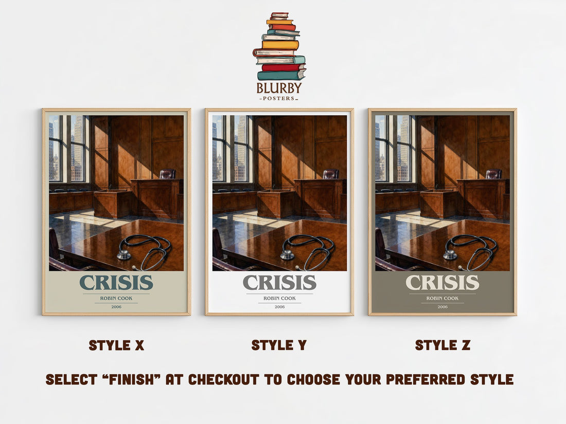 Crisis book cover print in frame leaning in hallway – thriller wall art (mockup)
