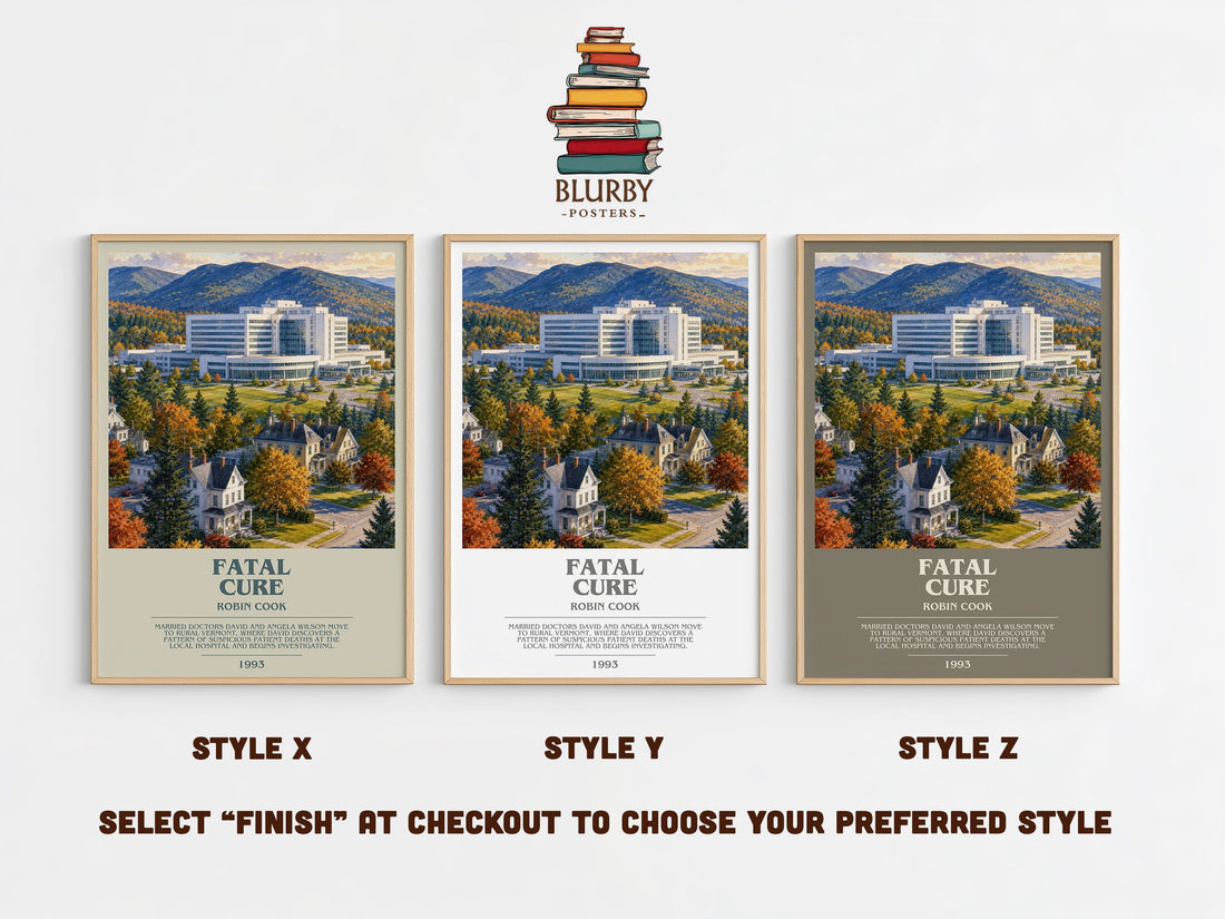 Fatal Cure bookish print in frame leaning in hallway – thriller wall art (mockup)