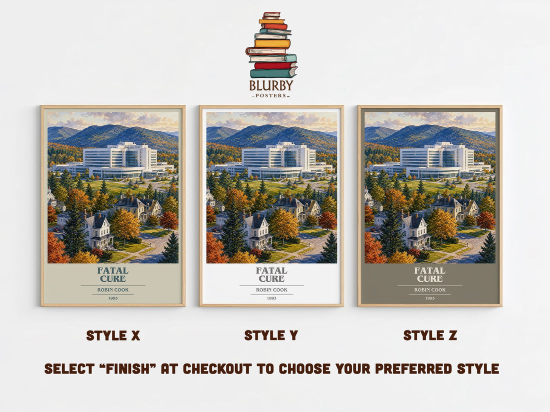 Fatal Cure book cover print in frame leaning in hallway – thriller wall art (mockup)