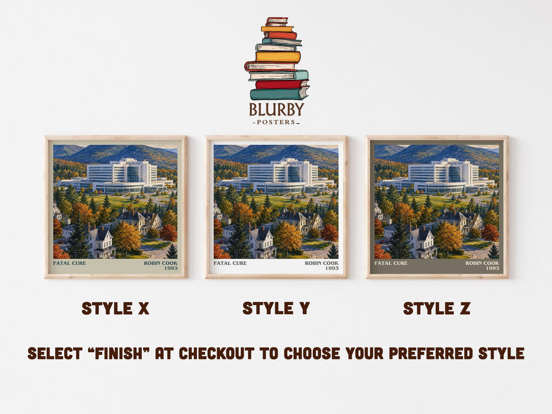 Fatal Cure literary print in frame leaning in hallway – thriller wall art (mockup)