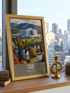 Fatal Cure book cover print framed by window – literary home decor