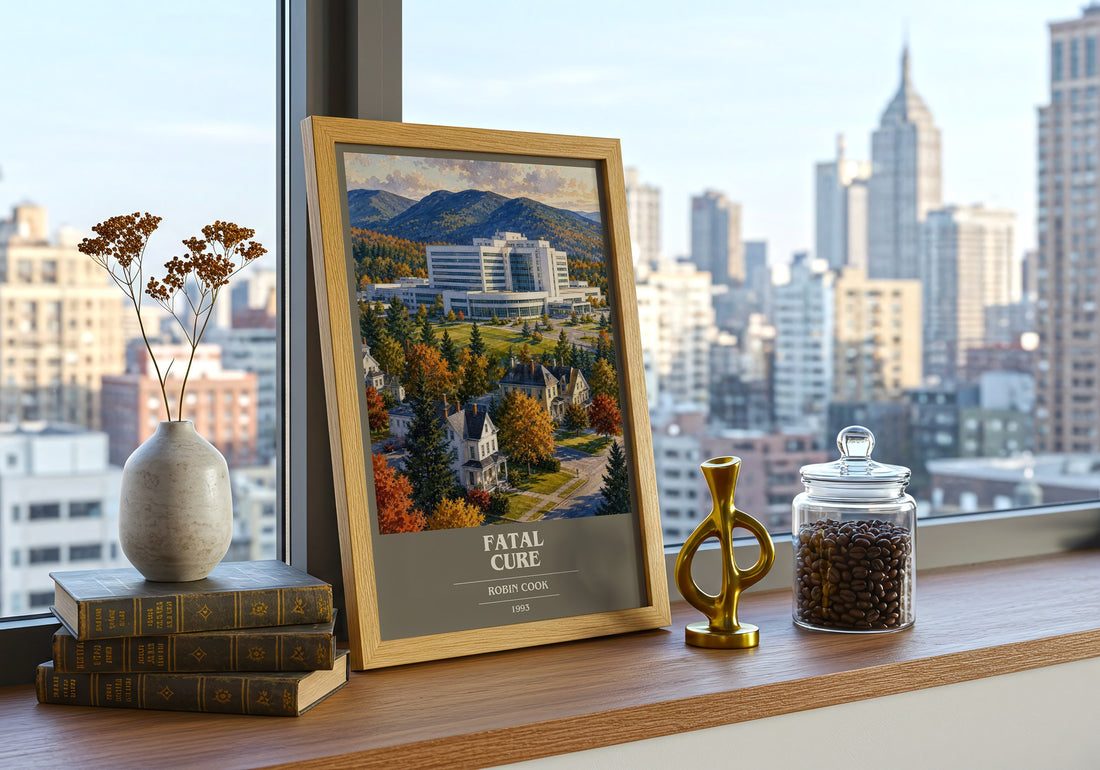 Fatal Cure book cover print framed by window – literary home decor