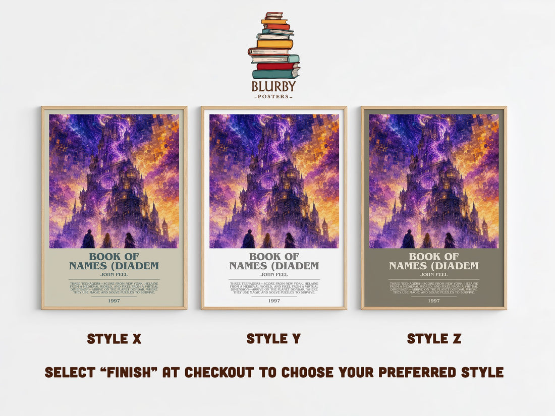 Book of Names (Diadem bookish print in frame leaning in hallway – fantasy wall art (mockup)