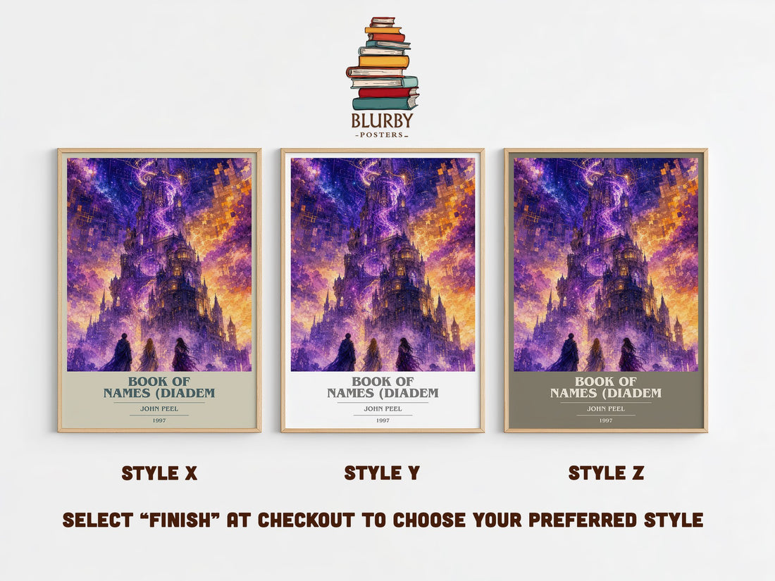 Book of Names (Diadem book cover print in frame leaning in hallway – fantasy wall art (mockup)