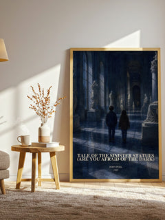 Tale of the Sinister Statues (Are You Afraid of the Dark) watercolour print in frame leaning in hallway – childrens wall art