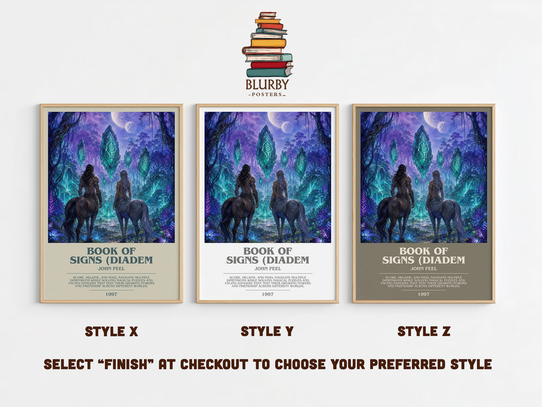 Book of Signs (Diadem bookish print in frame leaning in hallway – sci fi wall art (mockup)
