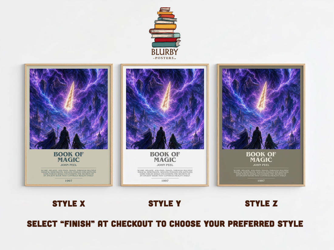 Book of magic bookish print in frame leaning in hallway – fantasy wall art (mockup)