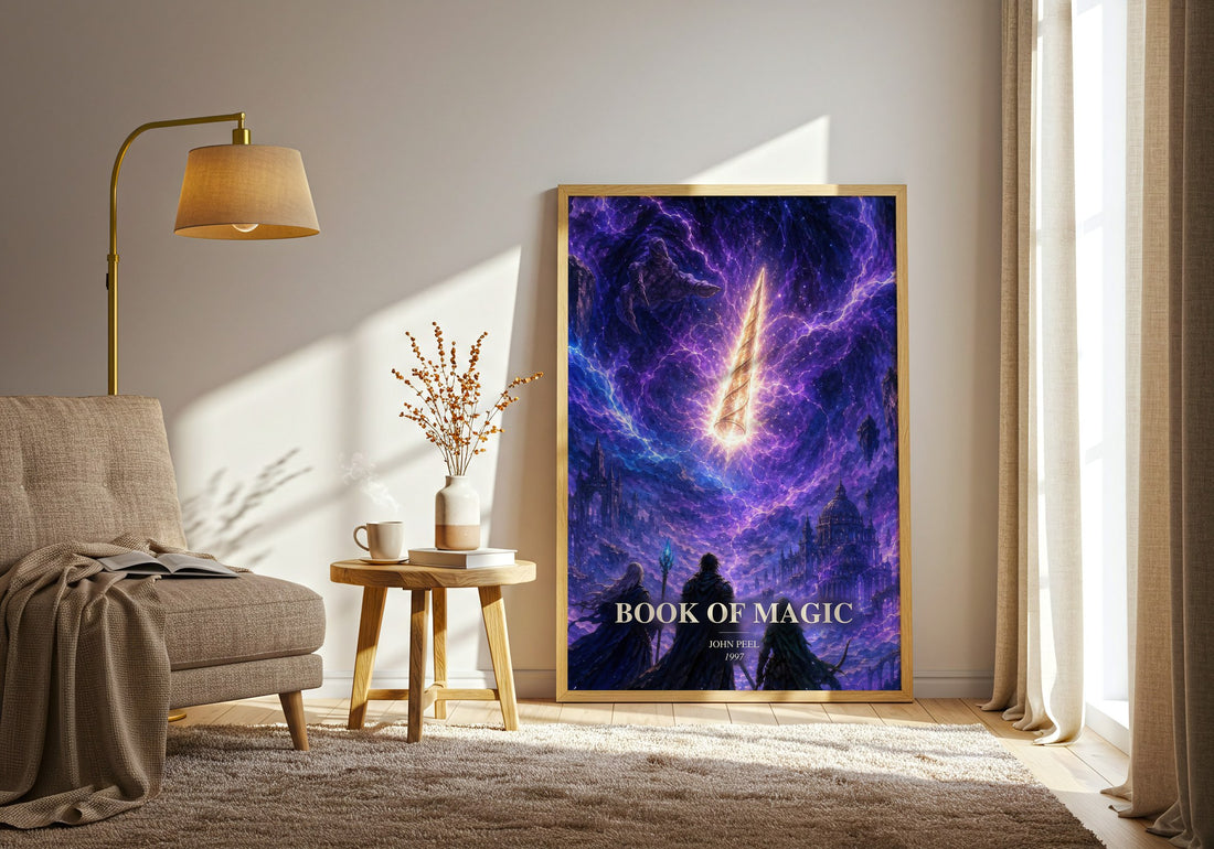 Book of magic watercolour print in frame leaning in hallway – fantasy wall art