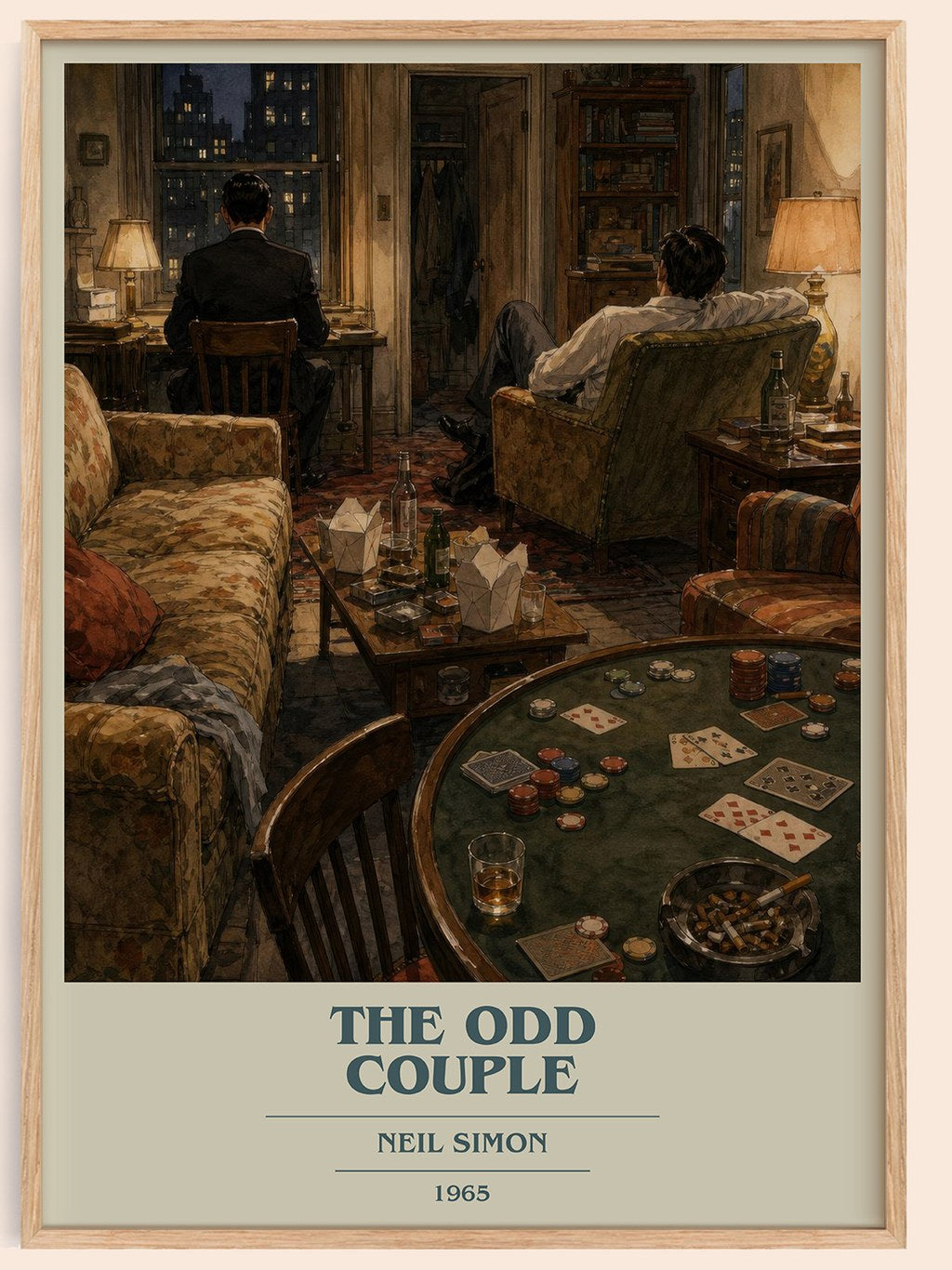 The odd couple book cover book poster by Neil Simon – framed literary art print
