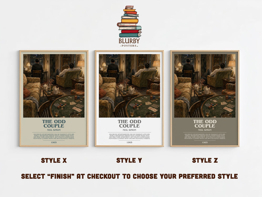 The odd couple bookish print in frame leaning in hallway – contemporary fiction wall art (mockup)