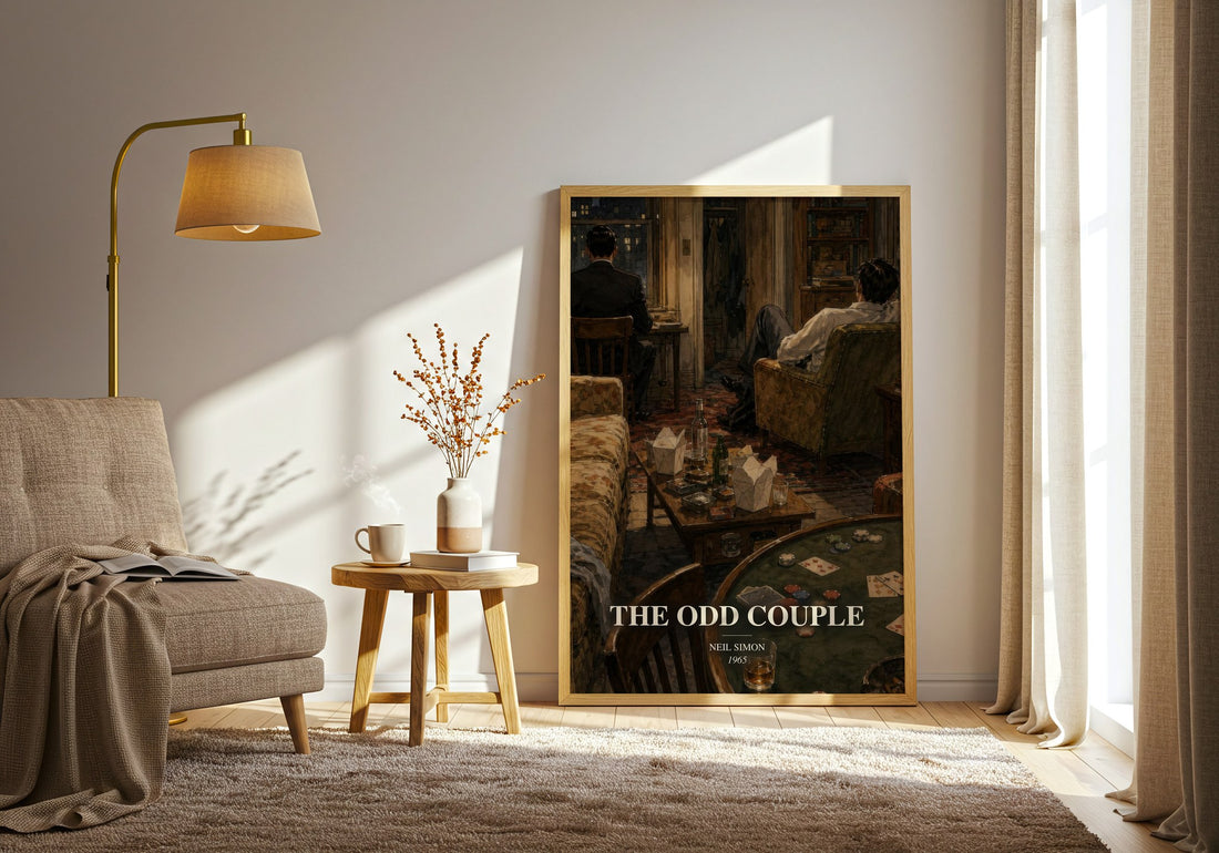 The odd couple watercolour print in frame leaning in hallway – contemporary fiction wall art