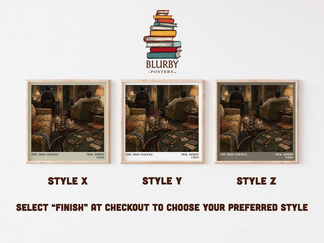 The odd couple literary print in frame leaning in hallway – contemporary fiction wall art (mockup)
