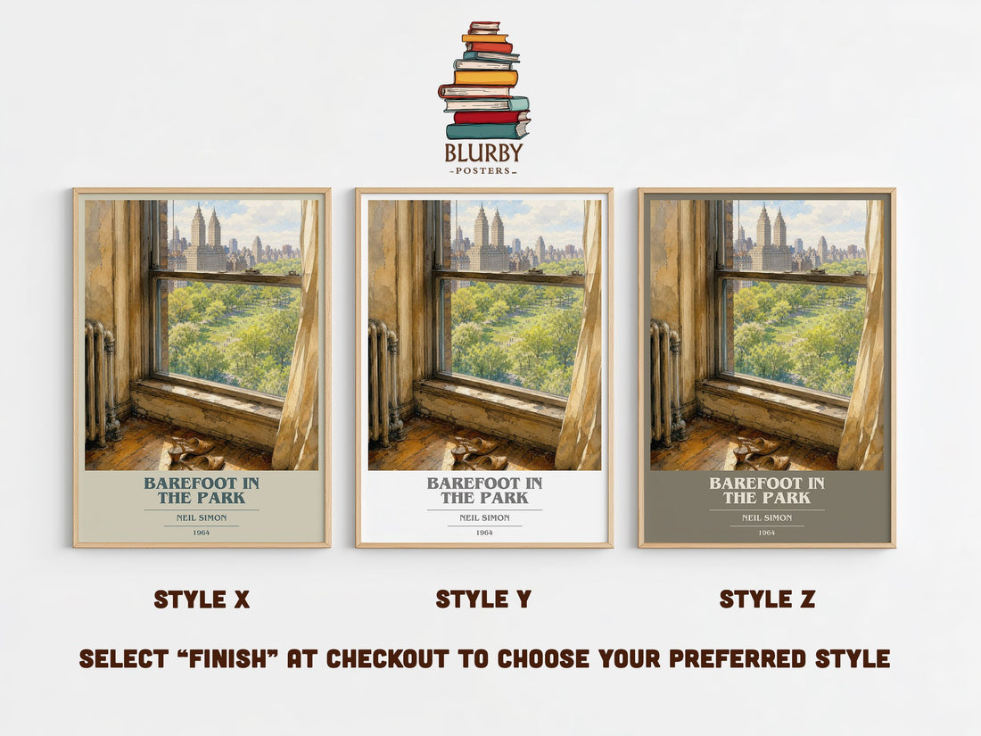 Barefoot in the park book cover print in frame leaning in hallway – contemporary fiction wall art (mockup)