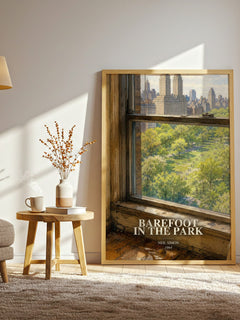 Barefoot in the park watercolour print in frame leaning in hallway – contemporary fiction wall art