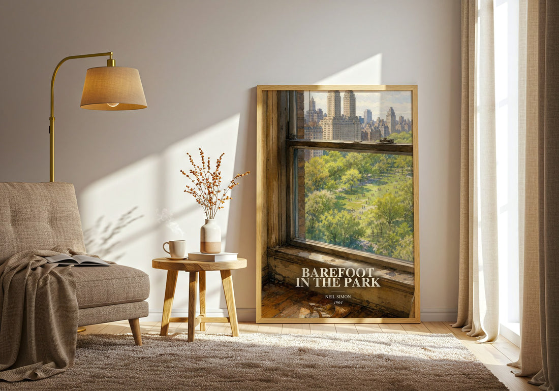 Barefoot in the park watercolour print in frame leaning in hallway – contemporary fiction wall art