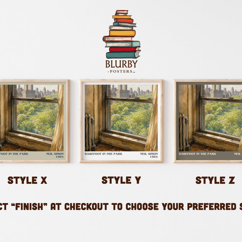 Barefoot in the park literary print in frame leaning in hallway – contemporary fiction wall art