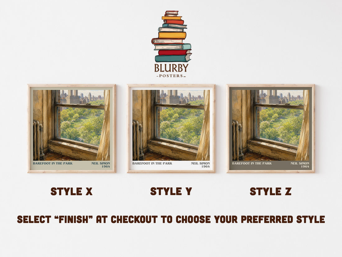 Barefoot in the park literary print in frame leaning in hallway – contemporary fiction wall art (mockup)