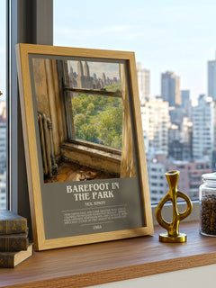 Barefoot in the park bookish print framed by window – literary home decor
