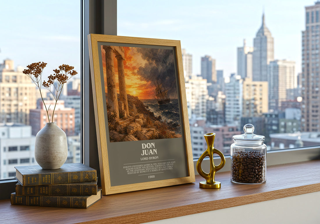 Don Juan Bookish Wall Art by Lord Byron – framed print on a city-view windowsill