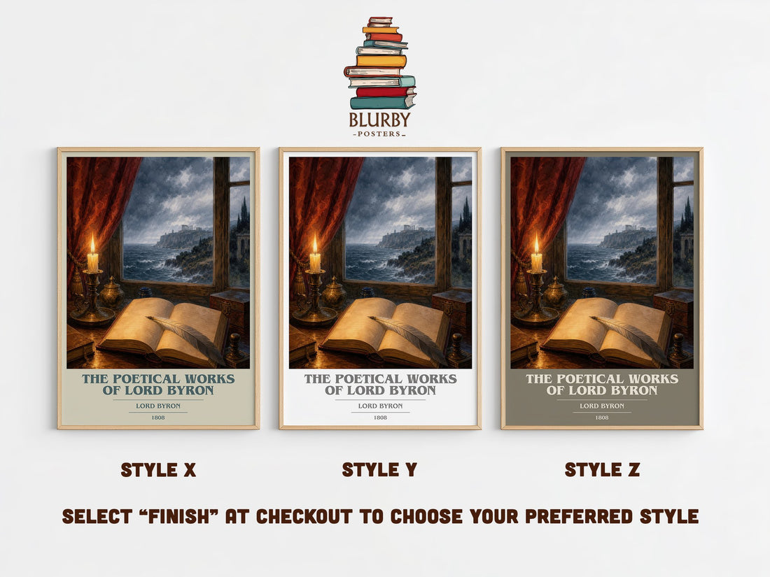 The poetical works of Lord Byron book cover print in frame leaning in hallway – poetry wall art (mockup)