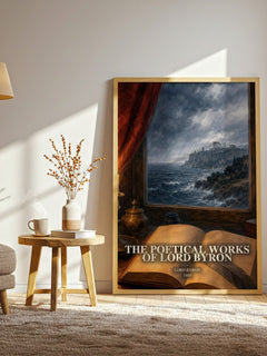 The poetical works of Lord Byron watercolour print in frame leaning in hallway – poetry wall art