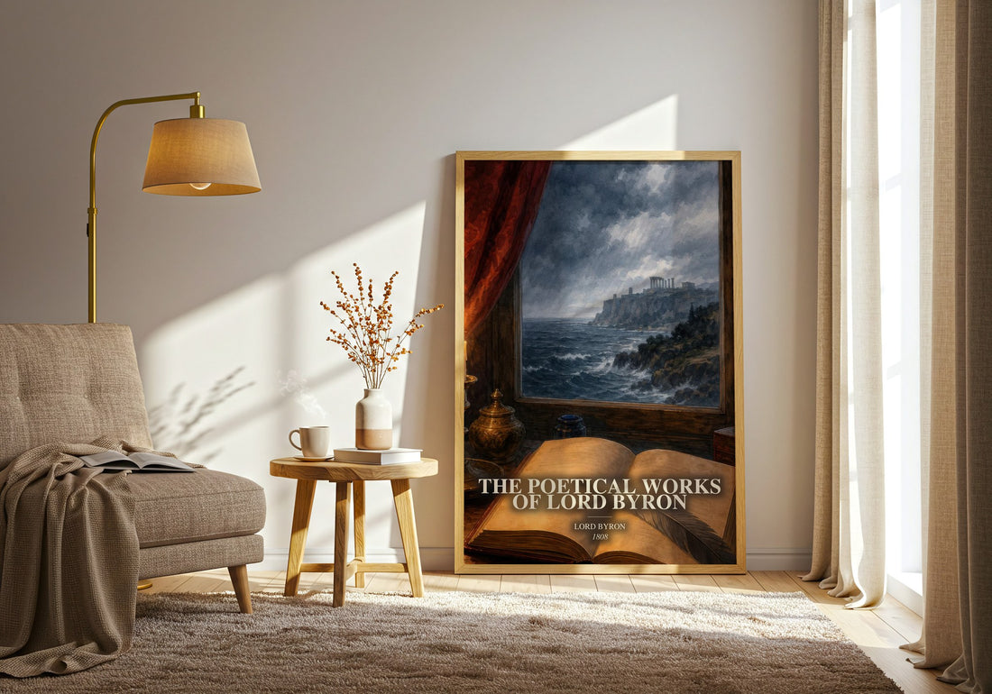 The poetical works of Lord Byron watercolour print in frame leaning in hallway – poetry wall art