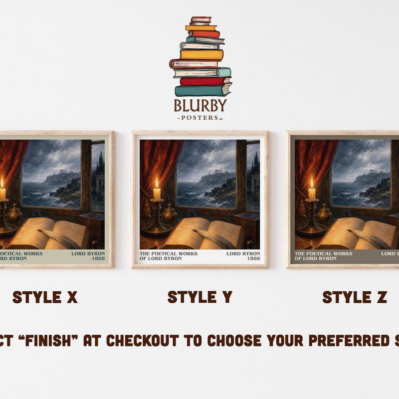 The poetical works of Lord Byron literary print in frame leaning in hallway – poetry wall art