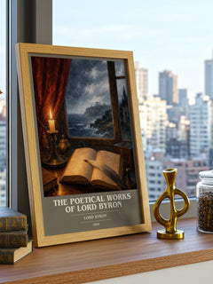 The poetical works of Lord Byron book cover print framed by window – literary home decor