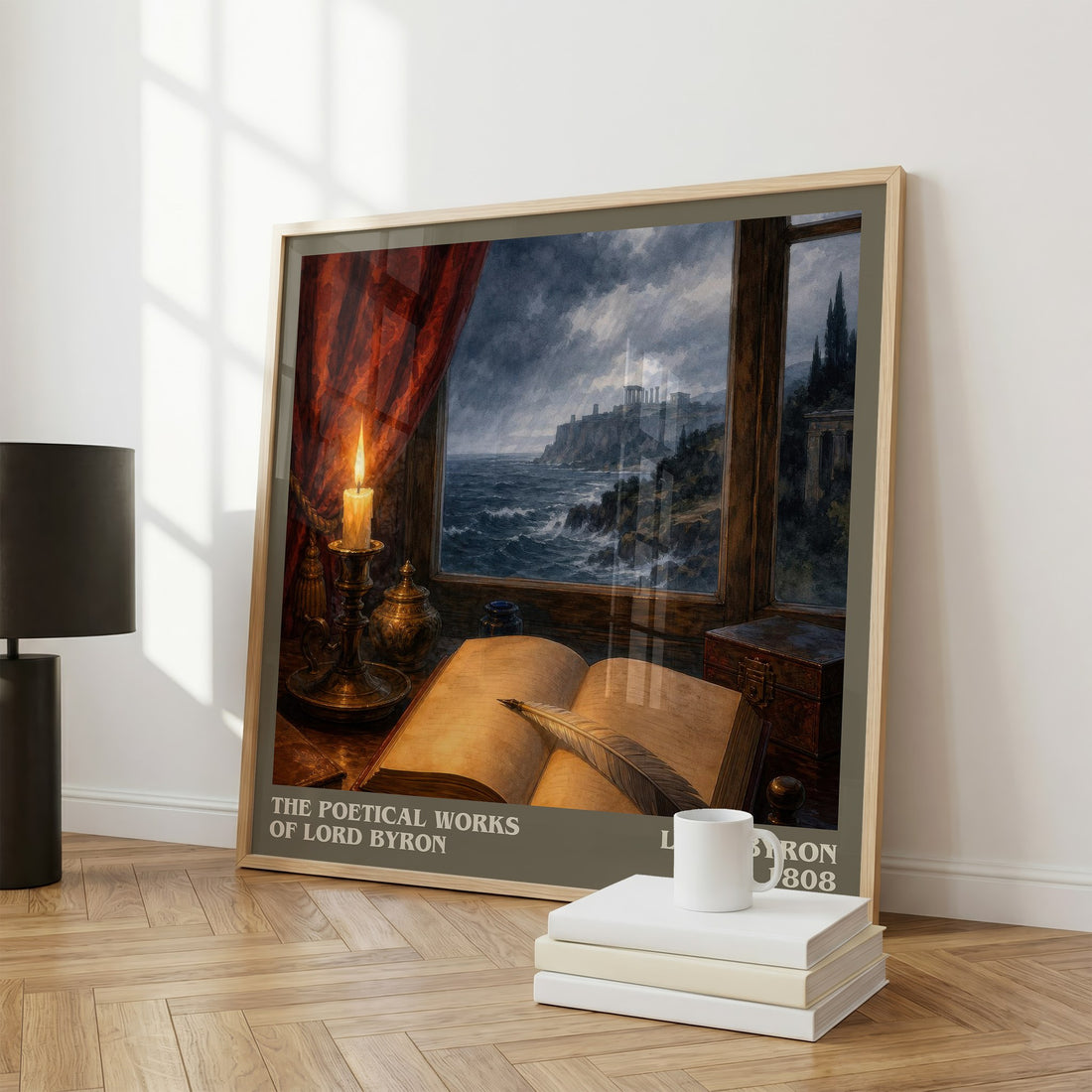 The poetical works of Lord Byron literary print framed by window – literary home decor