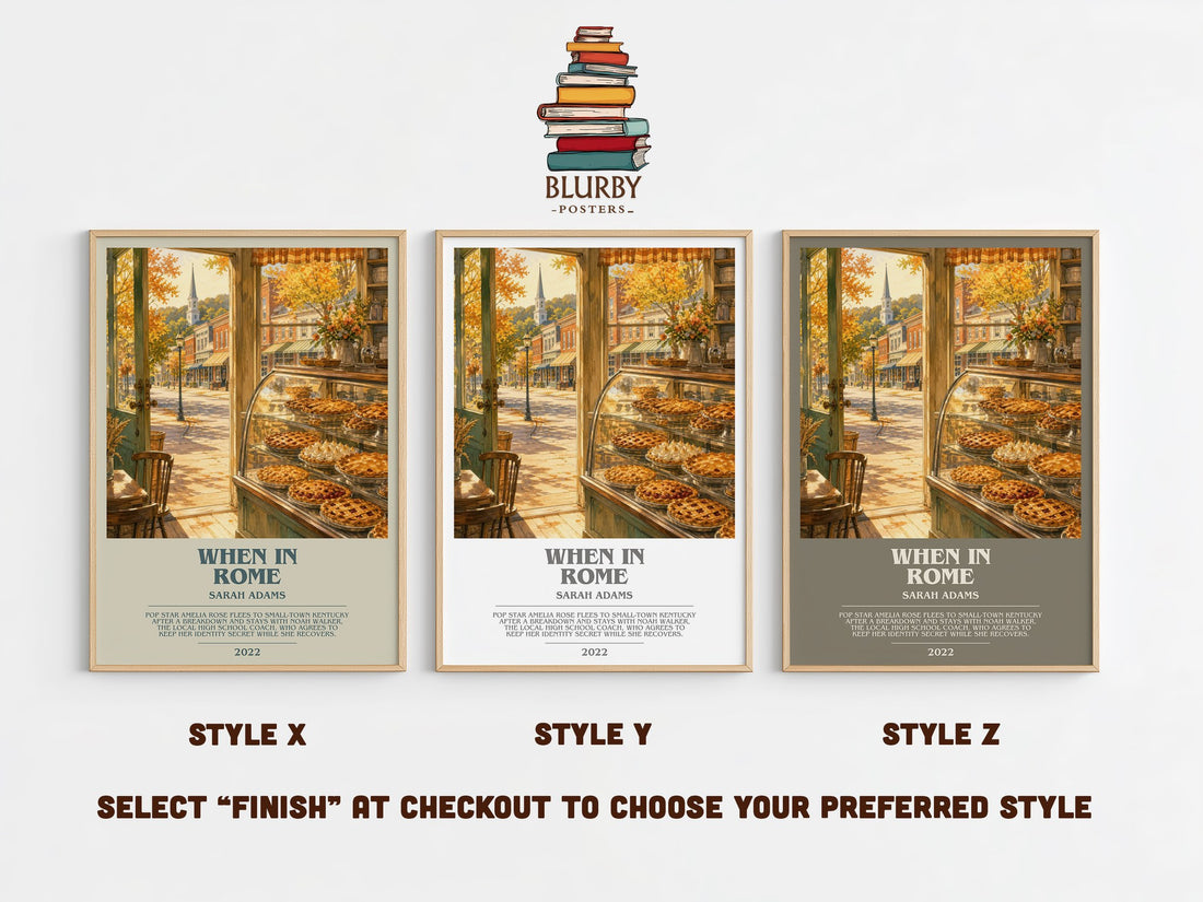 When in Rome bookish print in frame leaning in hallway – romance wall art (mockup)