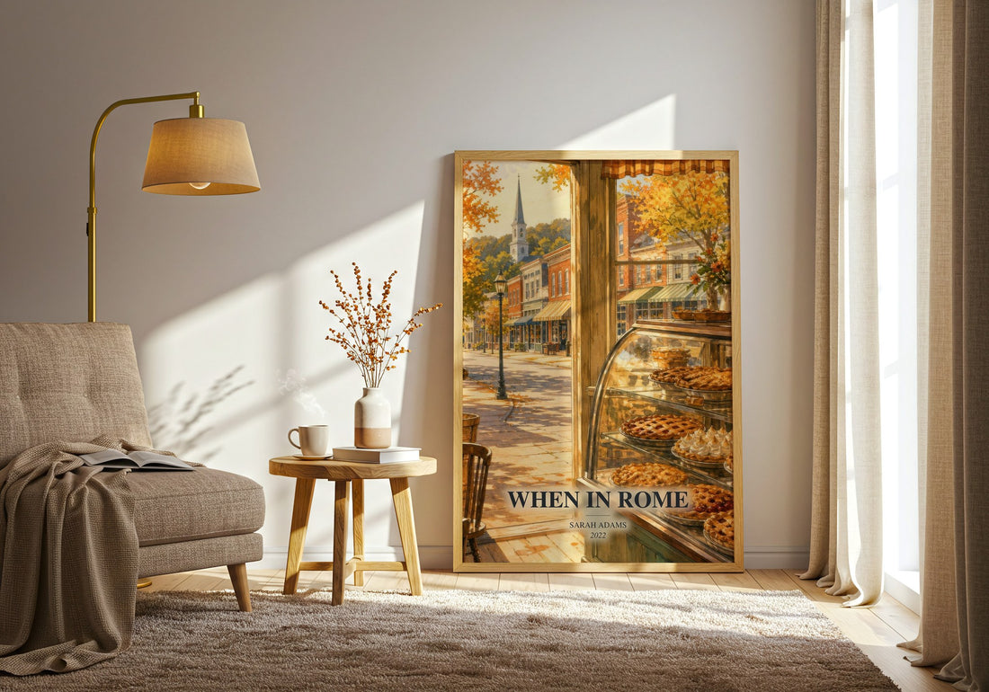 When in Rome watercolour print in frame leaning in hallway – romance wall art