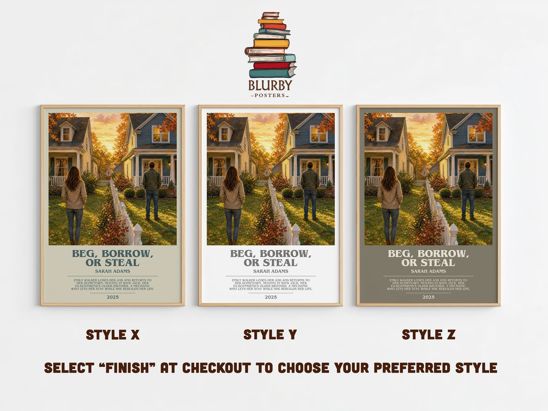 Beg, Borrow, or Steal bookish print in frame leaning in hallway – romance wall art (mockup)