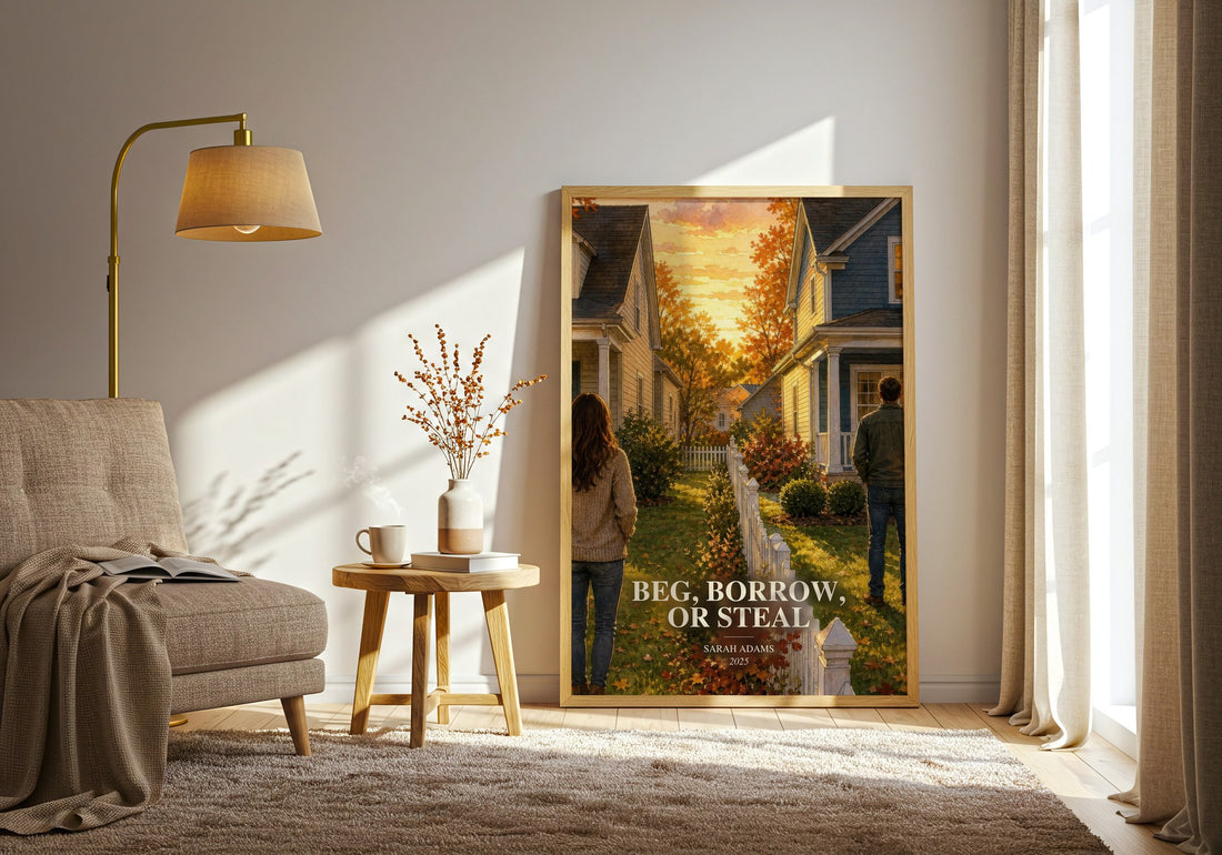 Beg, Borrow, or Steal watercolour print in frame leaning in hallway – romance wall art