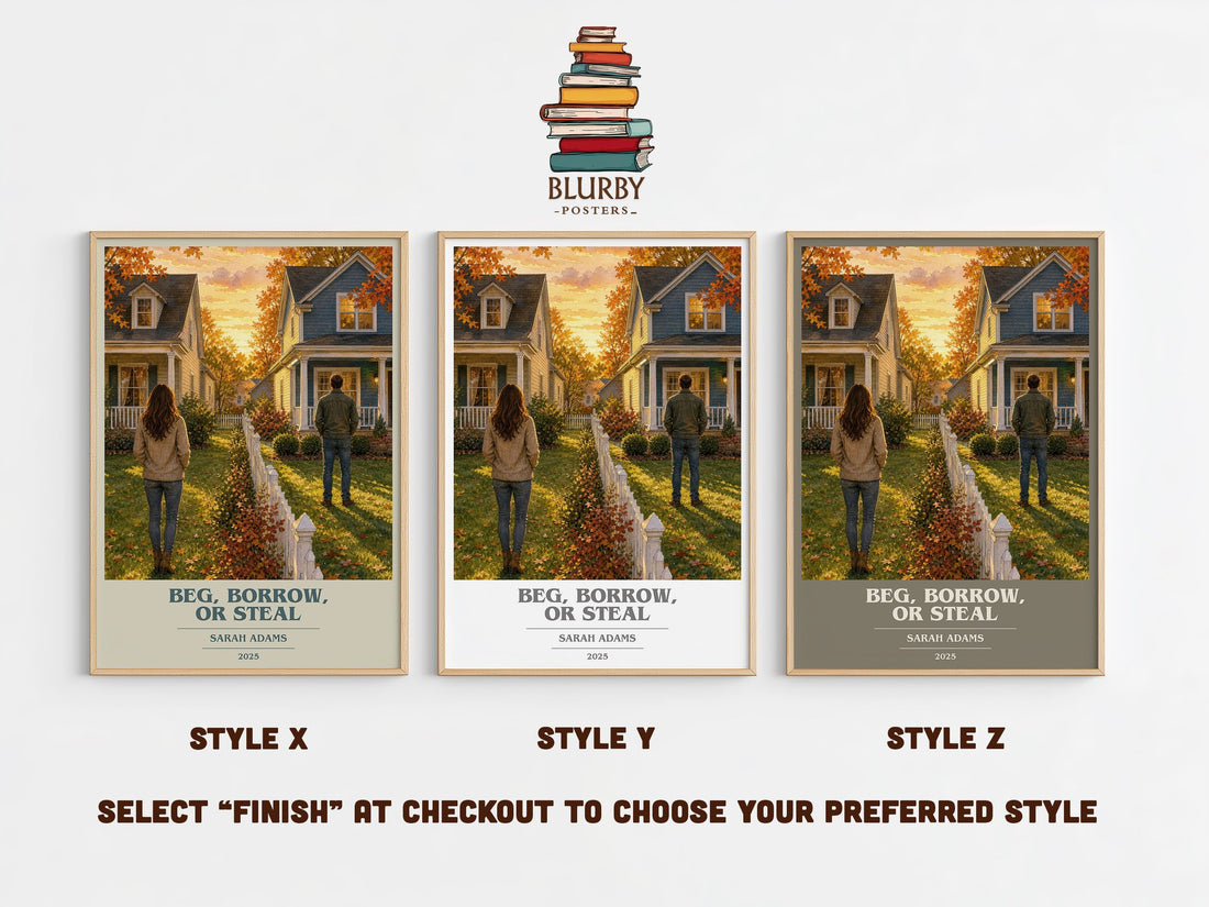 Beg, Borrow, or Steal book cover print in frame leaning in hallway – romance wall art (mockup)