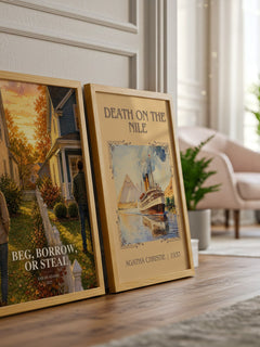 Beg, Borrow, or Steal watercolour print framed by window – literary home decor