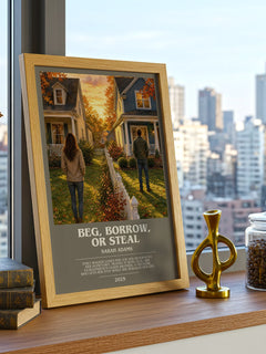 Beg, Borrow, or Steal bookish print framed by window – literary home decor