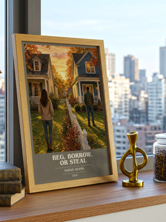 Beg, Borrow, or Steal book cover print framed by window – literary home decor