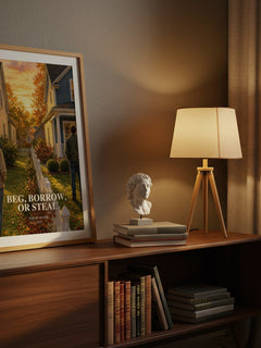 Beg, Borrow, or Steal watercolour print on bookshelf – Sarah Adams fan gift