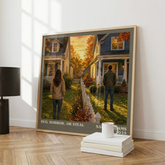 Beg, Borrow, or Steal Literary Art Print by Sarah Adams – large square framed print leaning against a wall
