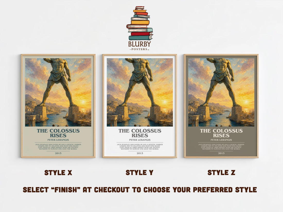 The colossus rises bookish print in frame leaning in hallway – young adult wall art (mockup)