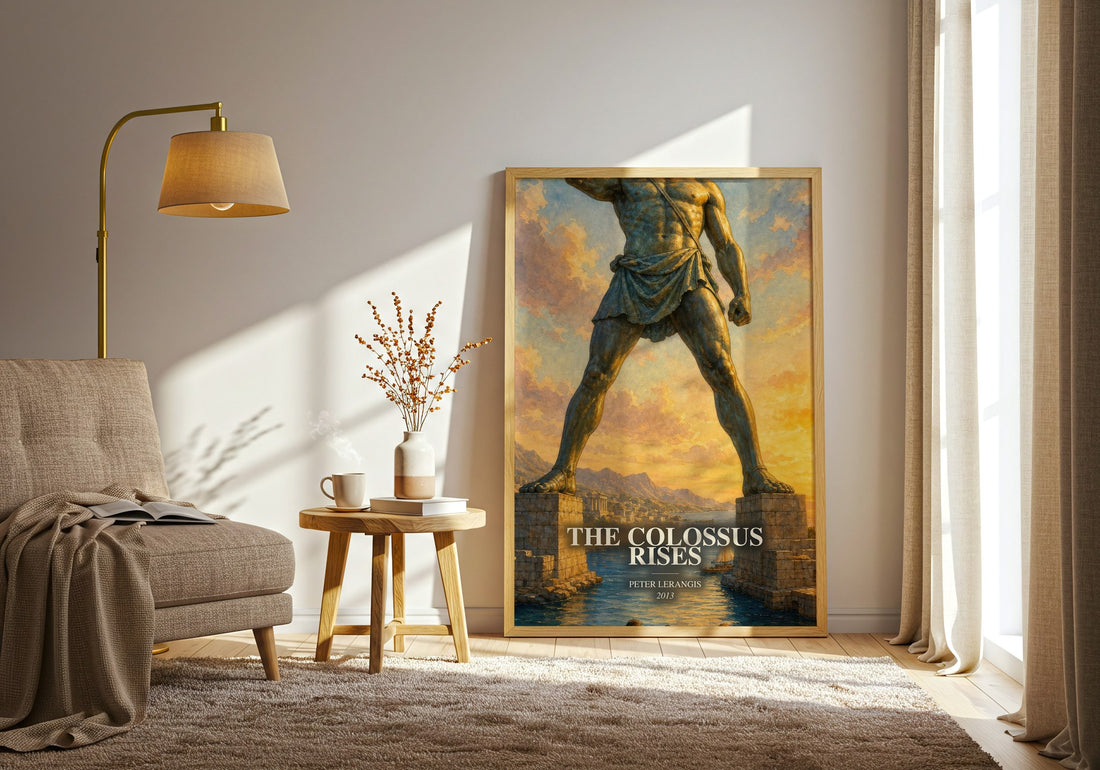 The colossus rises watercolour print in frame leaning in hallway – young adult wall art