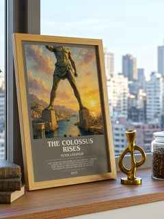 The colossus rises bookish print framed by window – literary home decor