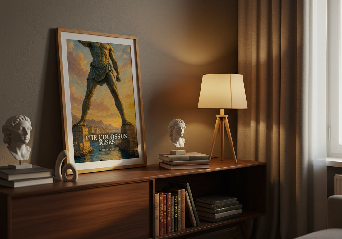 The colossus rises watercolour print on bookshelf – Peter Lerangis fan gift